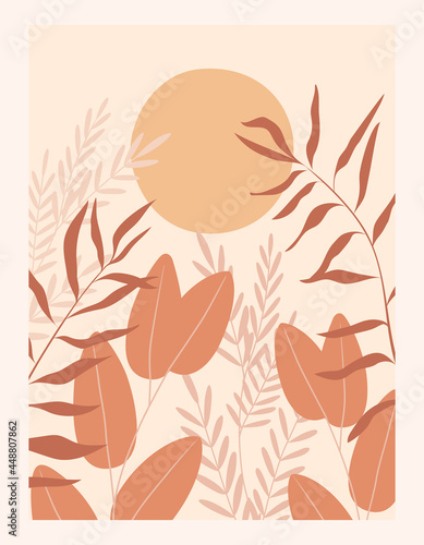 An abstraction of nature with plant branches and the sun. The image is in a retro minimalism style. Vector for a poster, cover, flyer or wall decor.