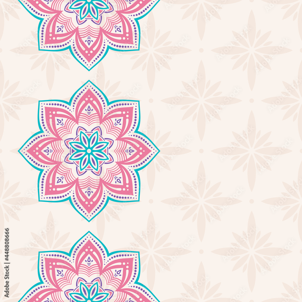 Fototapeta premium Seamless border pattern with red and turquoise color mandalas. Mehndi lace borders. Endless texture. Space for text. Vector color background.