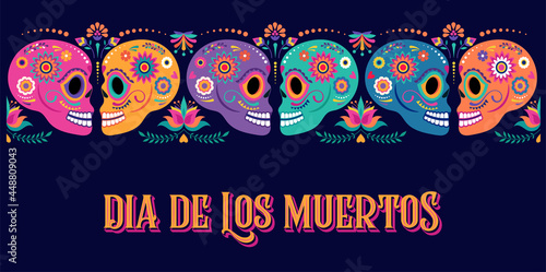Day of the dead, Dia de los muertos, banner with colorful Mexican flowers. Fiesta, Halloween holiday poster, party flyer, funny greeting card