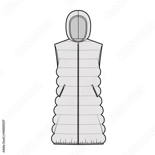 Down vest puffer waistcoat technical fashion illustration with hoody collar, zip-up closure, loose body, classic quilting. Flat template front, grey color style. Women, men, unisex top CAD mockup
