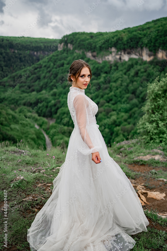 view from back. woman in a wedding dress posing in mountains. clothes for bride