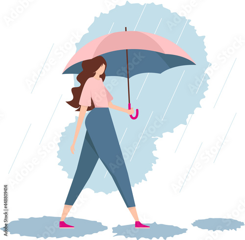 A woman with an umbrella. Rain, puddles