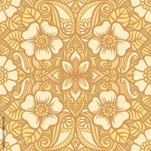 Eastern ethnic motif, traditional indian henna ornament. Seamless pattern, background in yellow colors. Vector illustration.