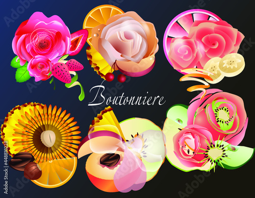 Vector illustration.Set of beautiful boutonnieres from flowers and fruits. For additional decoration of cards and invitations or as a stand-alone item