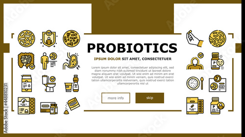 Probiotics Bacterium Landing Web Page Header Banner Template Vector. Dry And Liquid Probiotics, Sorption And Capsule, Lactobacillus, Bifidobacterium And Lactococcus Illustration