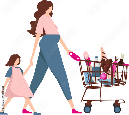A pregnant woman with a child. Shopping.
