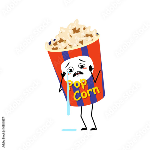 Cute popcorn character in a holiday box with crying and tears emotion, sad face, depressive eyes, arms and legs. Funny snack for cinema and films