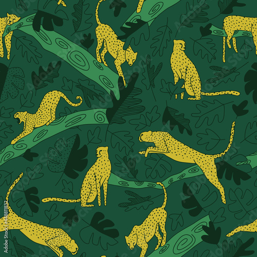 Dark green jungle repeat pattern mustard cheetah