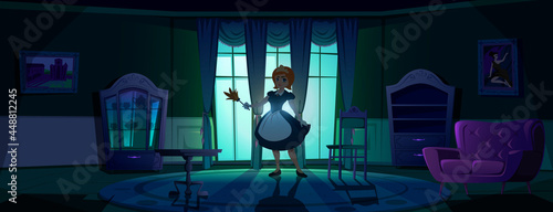 Maid in apron in dark living room at night