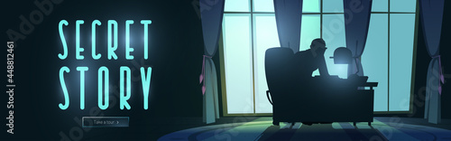 Secret story cartoon web banner, silhouette of man