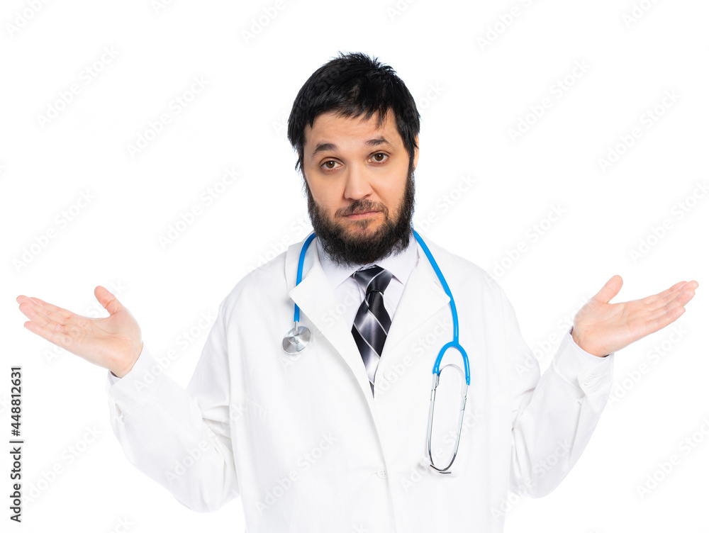 man in a white medical coat. portrait. isolated white background. the doctor spread his arms to the sides, looks at us inquiringly man in a white medical coat. portrait. isolated white background. the doctor spread his arms to the sides, looks at us inquiringly