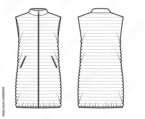 Down vest puffer waistcoat technical fashion illustration with stand collar, zip-up closure, pockets, loose fit, thigh length, narrow quilting. Flat front, back, white color style. Women, men top CAD