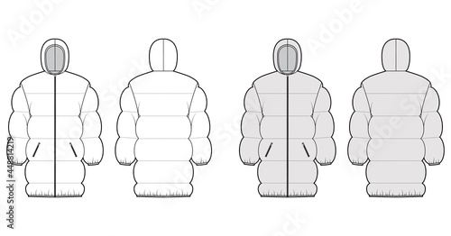 Down puffer jacket coat technical fashion illustration with hoody collar, zip-up closure, pockets, oversized, thigh length, wide quilting. Flat template front, back, white, grey color style. Women men