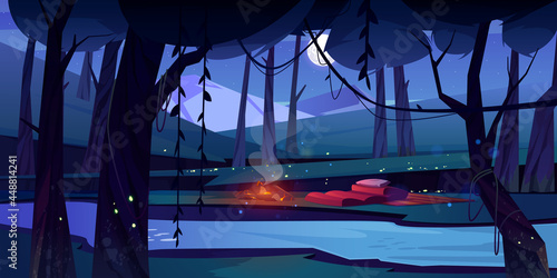 Night forest with camp, fire, river and mountains