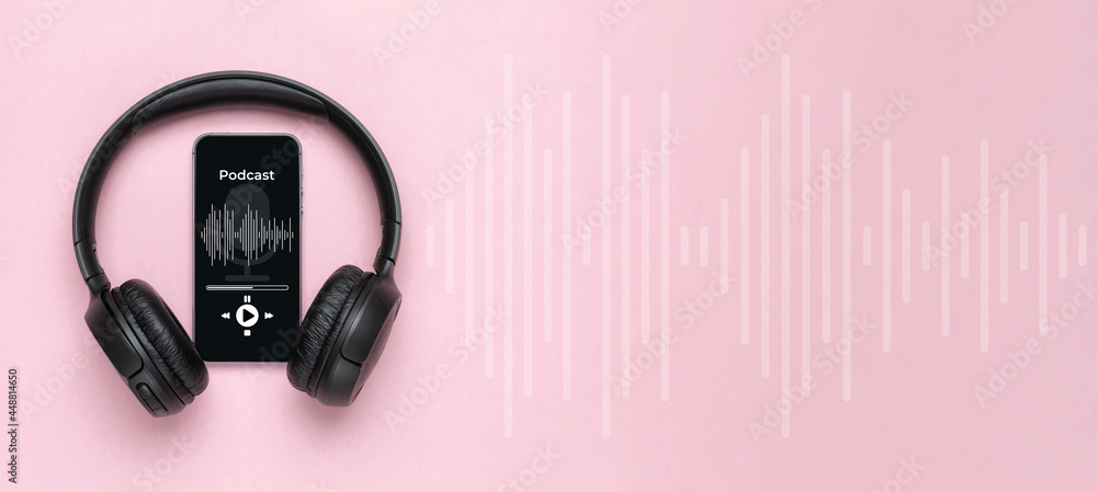 Podcast music. Mobile smartphone screen with podcast application, sound  headphones. Audio voice with radio microphone on pink background. Broadcast  media music banner with copy space. Stock Photo | Adobe Stock