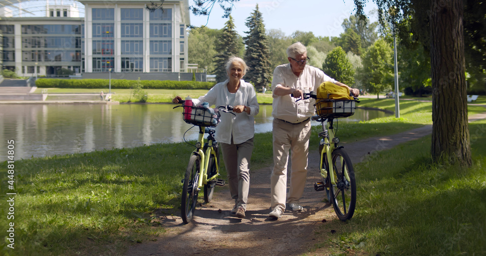 Obraz premium Senior couple walking near bicycles in park
