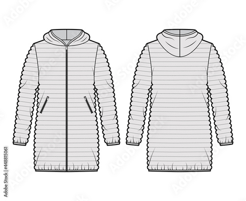 Down puffer coat jacket technical fashion illustration with hoody collar, pockets, oversized, hip length, narrow quilting. Flat template front, back, grey color style. Women, men unisex top CAD mockup