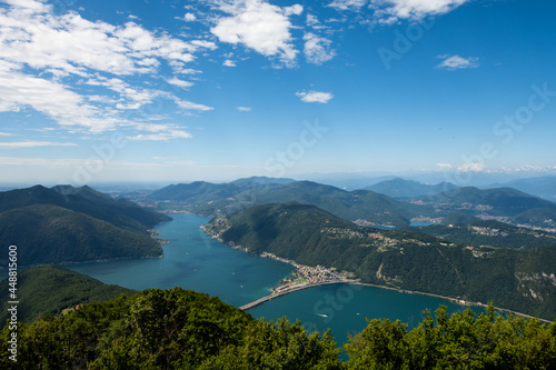 Gorgeous view from the hill top at Balcony of Italy, over Lake Lugano, city Lugano and other cities. The view go far into Switzerland, all to the way to the Swiss alps. Shot from the Italian side of t © brianholm