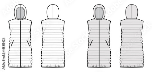 Down vest puffer waistcoat technical fashion illustration with sleeveless, hoody collar, pockets, narrow quilting. Flat template front, back, white, grey color style. Women, men, unisex top CAD mockup