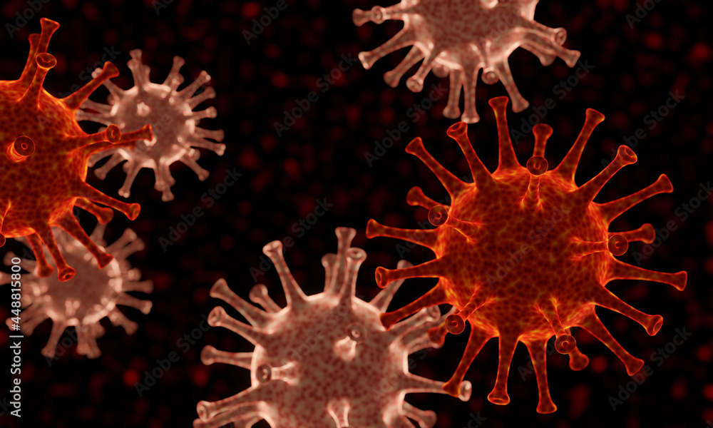 3D Virus mutation. Red microscopic Covid-19 pandemic. 3D Virus mutation. Red microscopic Covid-19 pandemic.