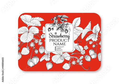 Strawberry. Ripe berries. Template for product label, cosmetic packaging. Easy to edit. Graphic drawing, engraving style. Vector illustration..