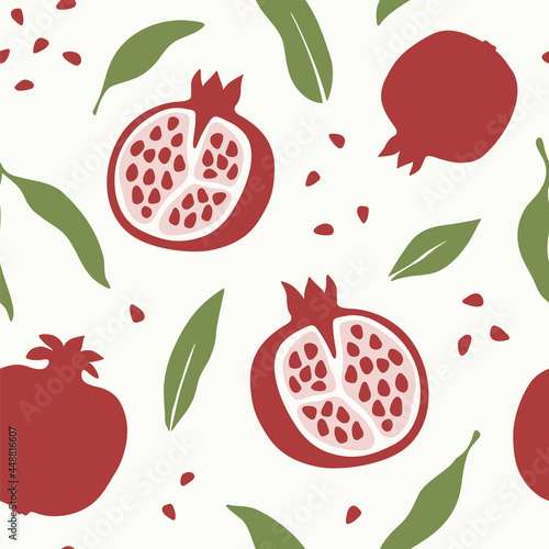 Vector pomegranate design. Abstract seamless pattern with pomegranates, leaves and seeds. Botanical illustration for print, textile and wrapping design.