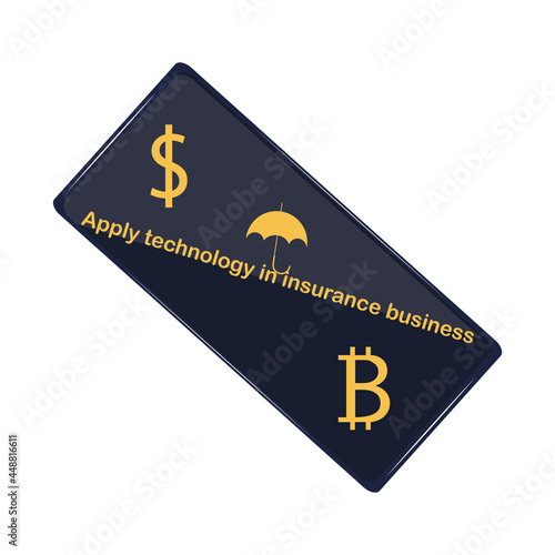 Smartphone, dollar and bitcoin symbols. Currency operations. InsurTech concept. Insurance technology concept. Technologies in the insurance business. Mobile application insurance.