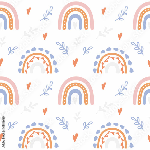 Trendy hand drawn print with rainbow in Boho style. Vector seamless pattern with cute rainbows.