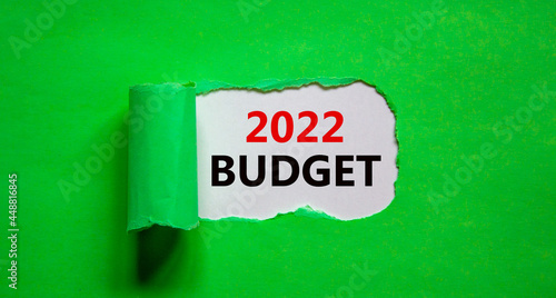 2022 budget new year symbol. Words '2022 budget' appearing behind torn green paper. Beautiful green background. Business, 2022 budget new year concept, copy space.