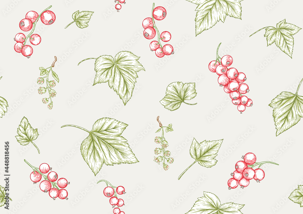 Red currant Ripe berries. Seamless pattern, background. Vector illustration. In botanical style on light gray background Red currant Ripe berries. Seamless pattern, background. Vector illustration. In botanical style on light gray background
