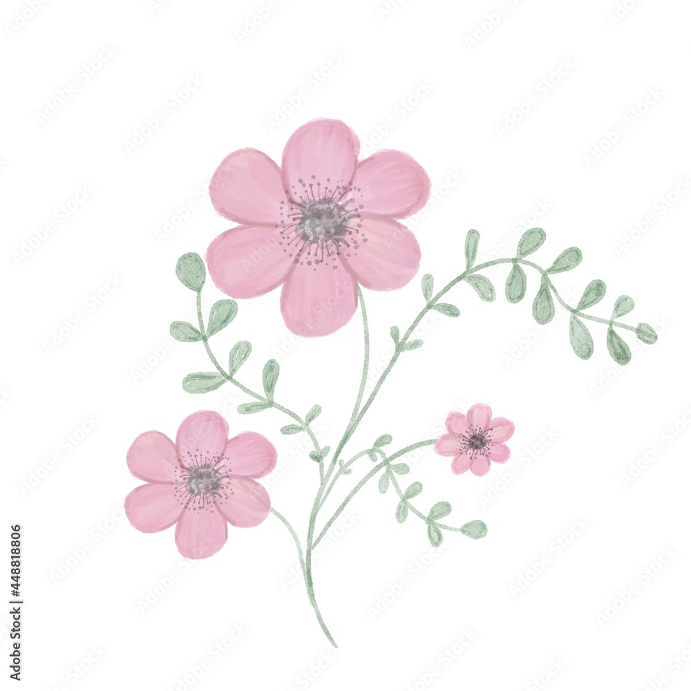 Watercolor illustration of a green twig with leaves and pink rosehip flowers on a white background. Pastel colors. For decoration, postcards, design, invitations, books, decorative elements