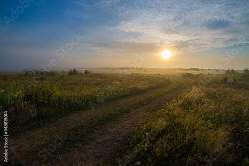 bright blue sky at dawn and a country road leading into the field