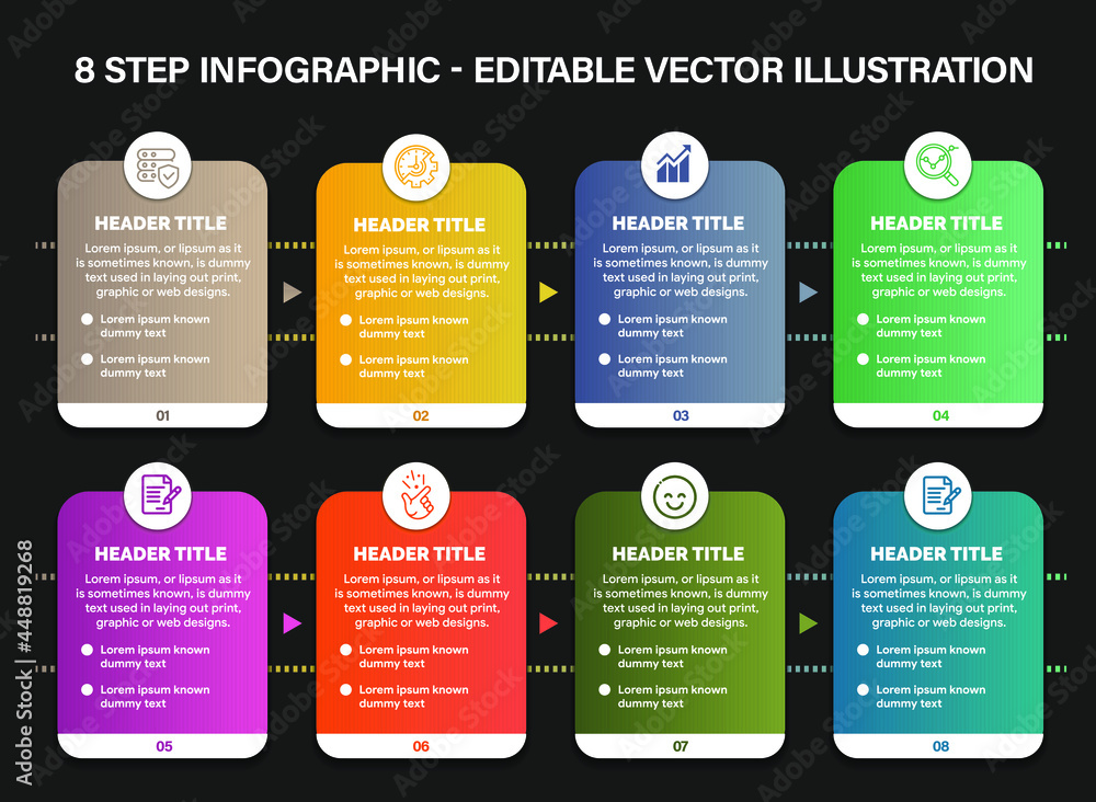 Fototapeta premium 8 Steps Infographics Design Template - Graph, Pie chart, workflow layout, cycling diagram, brochure, report, presentation, web design. Editable Vector illustration