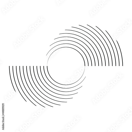 Concentric black speed lines in circle form. Geometric art. Design element for border frame, round logo, blackout tattoo, sign, symbol, web pages, prints, template, pattern and abstract background