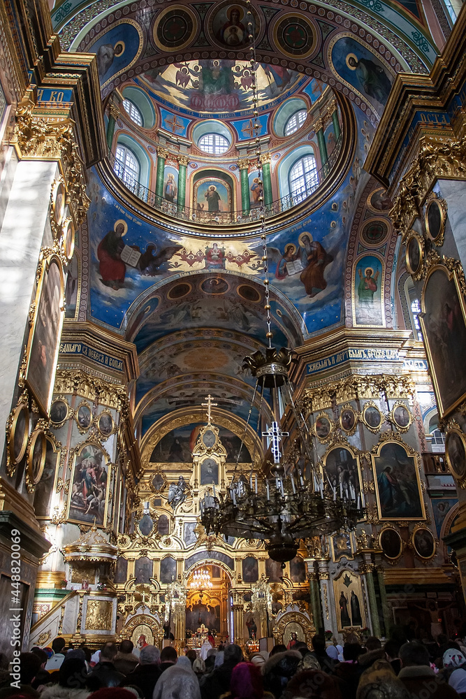 Interior of Trinity Cathedral of the Holy Dormition Pochayiv Lavra, Pochayiv, Ukraine . January 2009