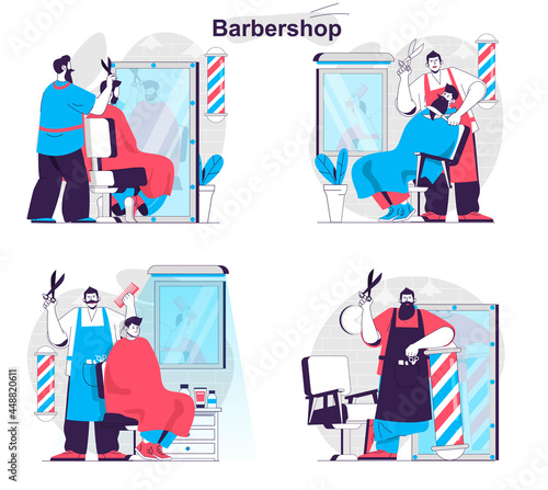 Barbershop concept set. Hairdresser makes men hairstyles, shaves and cares beard. People isolated scenes in flat design. Vector illustration for blogging, website, mobile app, promotional materials.
