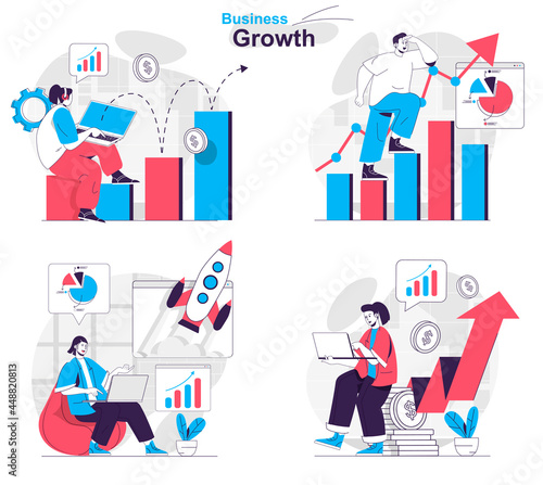 Business growth concept set. Profit growth, startup launch, financial statistics. People isolated scenes in flat design. Vector illustration for blogging, website, mobile app, promotional materials.