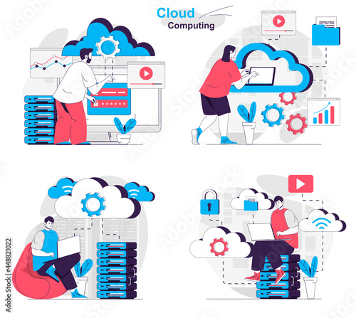 Cloud computing concept set. Computer engineers work at data center server room. People isolated scenes in flat design. Vector illustration for blogging, website, mobile app, promotional materials.