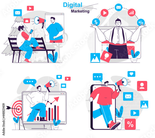 Digital marketing concept set. Ad campaign in social networks, online promotion. People isolated scenes in flat design. Vector illustration for blogging, website, mobile app, promotional materials.
