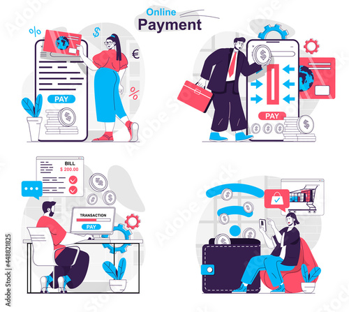 Online payment concept set. Customers pay for purchases and make transactions. People isolated scenes in flat design. Vector illustration for blogging, website, mobile app, promotional materials.