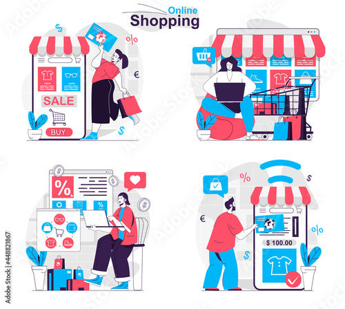 Online shopping concept set. Buyers choose products, buy at sales, receive orders. People isolated scenes in flat design. Vector illustration for blogging, website, mobile app, promotional materials.