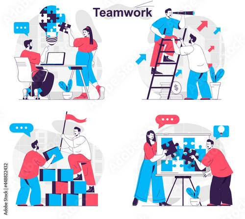 Teamwork concept set. Colleagues work, brainstorming, building, develop together. People isolated scenes in flat design. Vector illustration for blogging, website, mobile app, promotional materials.