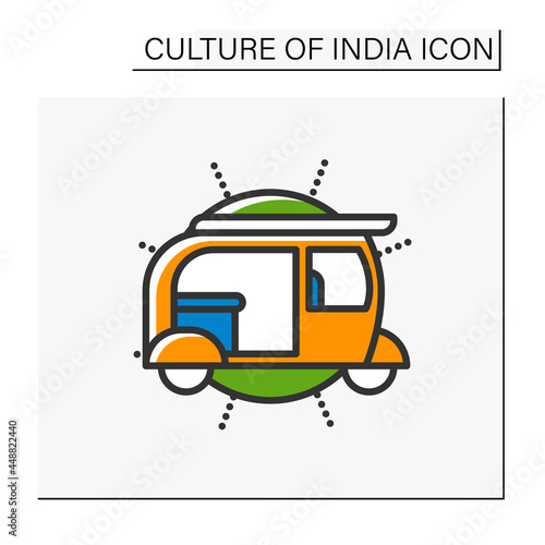 Auto rickshaw color icon. Popular motorbike asian taxi. Delhi city transport. Tuk-tuk. Indian heritage, culture, esthetics, traditions and customs. Isolated vector illustration