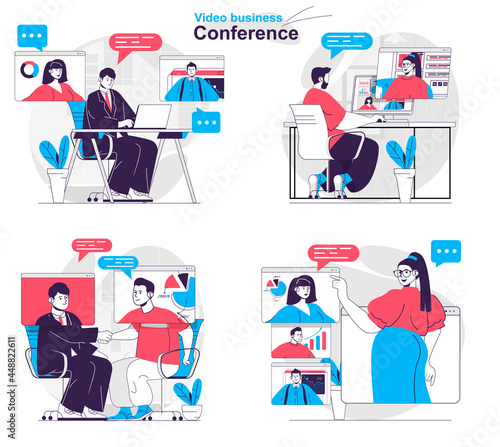 Video business conference concept set. Colleagues discuss tasks at online meeting. People isolated scenes in flat design. Vector illustration for blogging, website, mobile app, promotional materials.