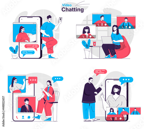 Video chatting concept set. Friends or families make video calls and chat online. People isolated scenes in flat design. Vector illustration for blogging, website, mobile app, promotional materials.