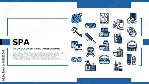 Spa Cosmetics Beauty Landing Web Page Header Banner Template Vector. Spa Cosmetics And Accessories, Mask And Aqua Bomb, Special Gloves And Brush Illustration