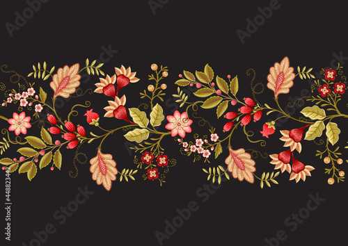 Seamless pattern with stylized ornamental flowers in retro, vintage style. Jacobin embroidery. Colored vector illustration isolated on black background.
