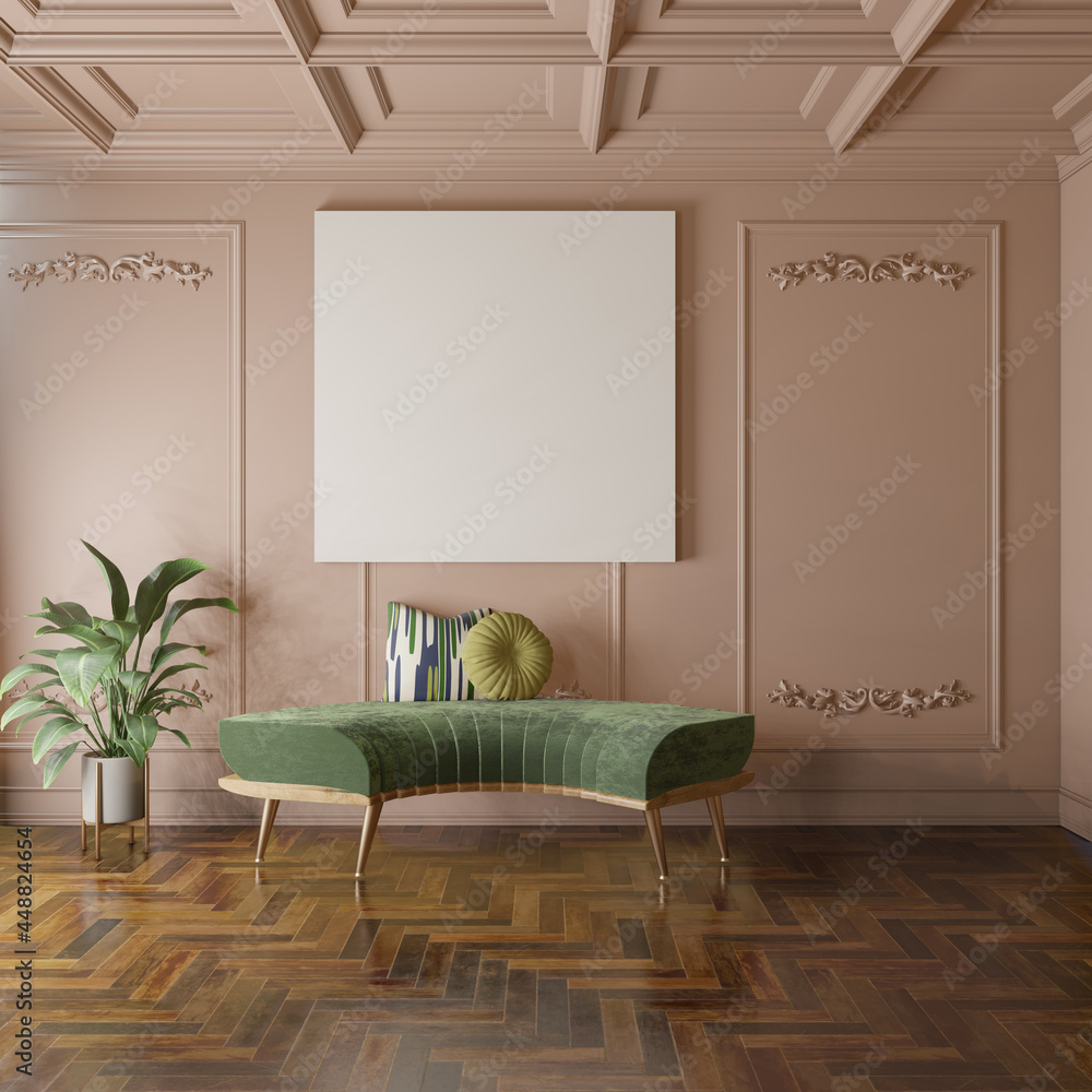 Elegant pink room with green sofa, coffered ceiling and baroque molding ...