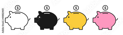 Piggy bank icons set vector. Moneybox symbols. Saving money silhouette concept. Pig and coin signs. Financial black, white and colors design collection. Isolated vector illustration.