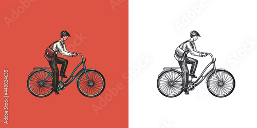 A man on a bicycle. Eco friendly transport. The postman rides a bike. Vintage custom emblem, label badges for t shirt. Monochrome retro style. Hand drawn engraved sketch
